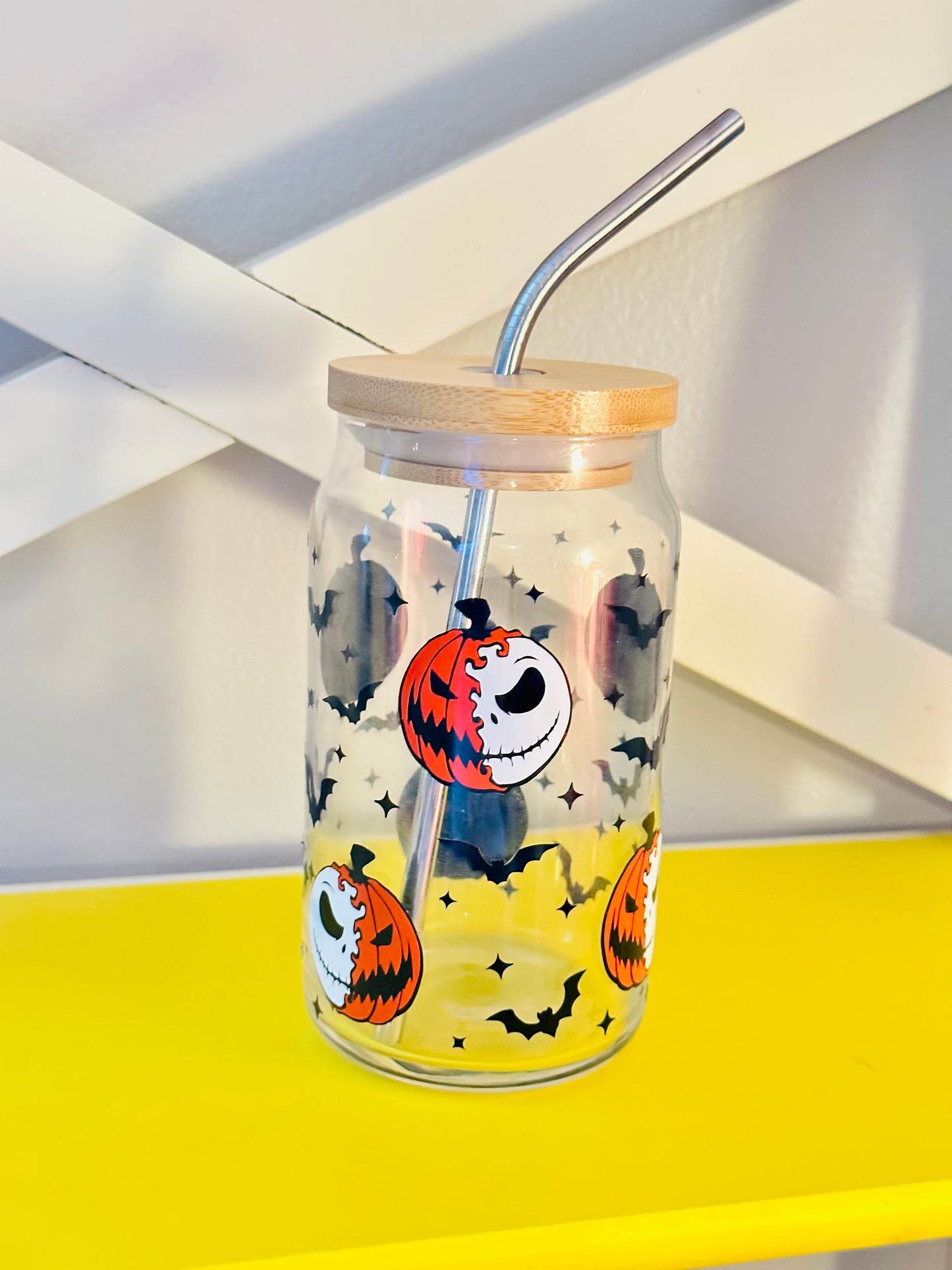 Pumpkin Skull 16oz Glass Tumbler